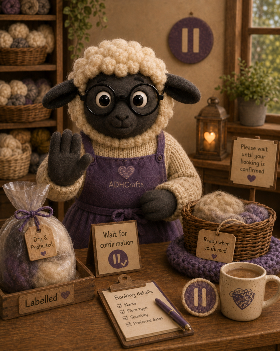 ADHCrafts pause A cartoon sheep character in glasses, wearing an apron, surrounded by yarn and knitting supplies.