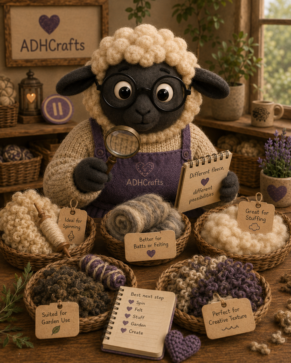 ADHCrafts fleece A friendly sheep character examines crafting materials surrounded by baskets of purples and textures.