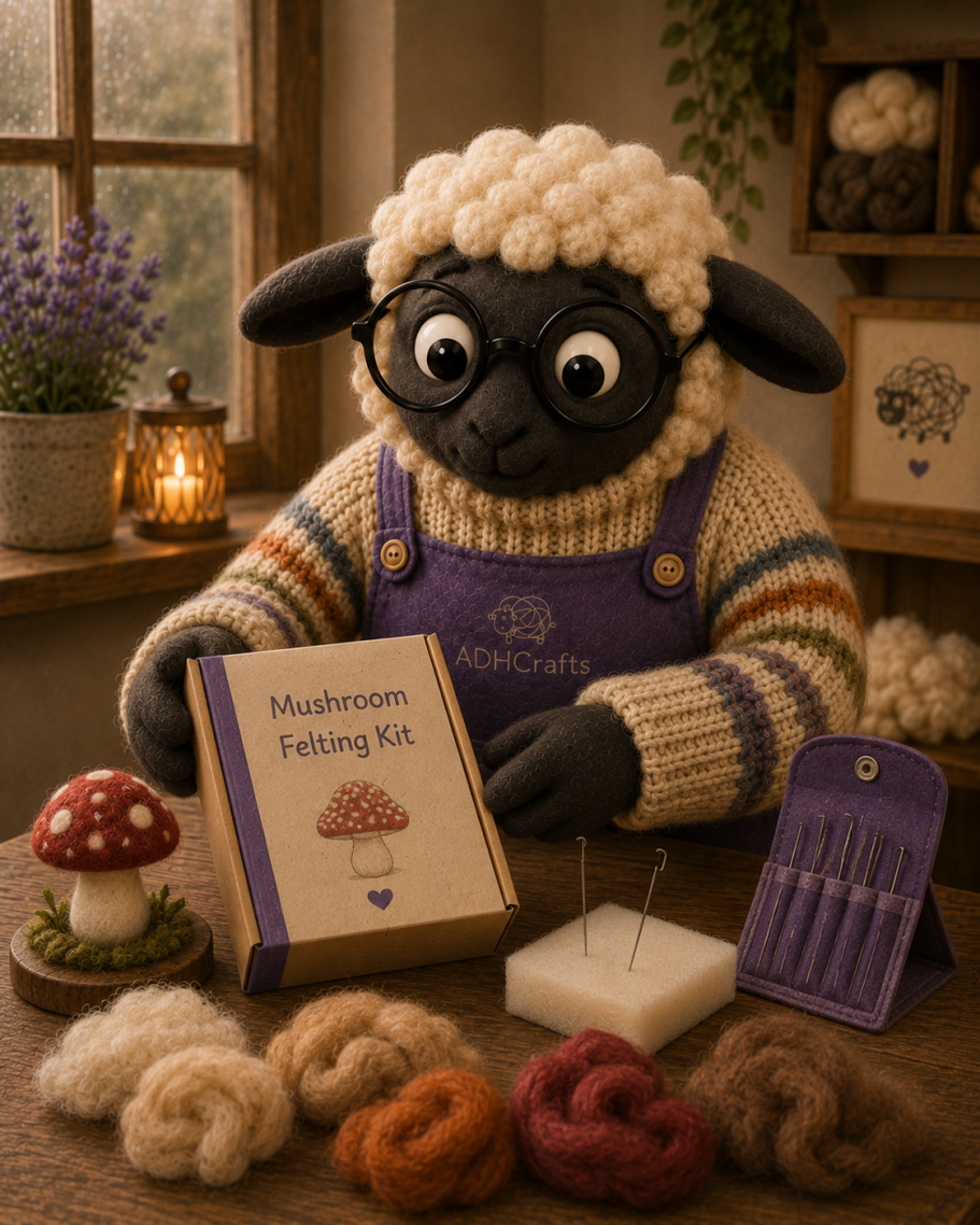 ADHCrafts mushroom kit A sheep in glasses beside a crafting kit, mushrooms, and wool accessories.