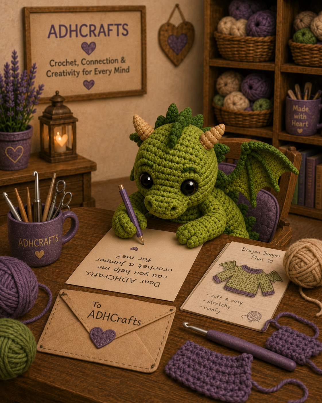 Greeny contacting ADHCrafts - nessi A green crocheted dragon writing, surrounded by yarn, tools, and a crafting display.