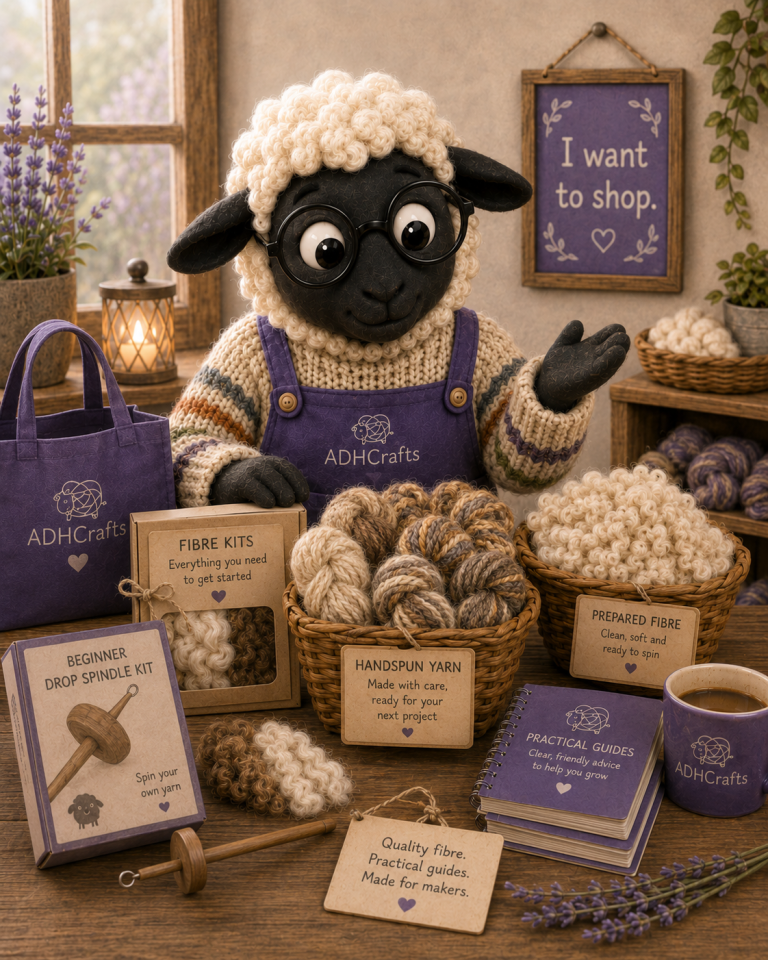 ADHCrafts shop A quirky sheep character surrounded by craft supplies and product displays in a cozy shop setting.