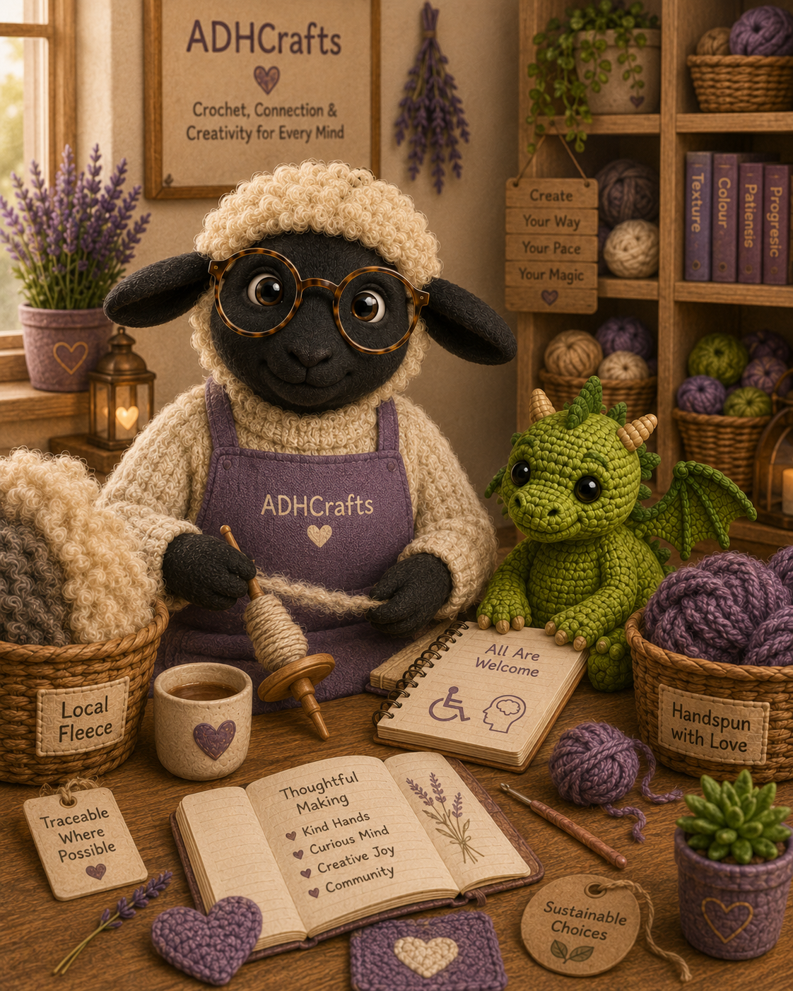 Who is ADHCrafts A sheep in glasses crafts with yarn, accompanied by a small dragon and lavender decor.