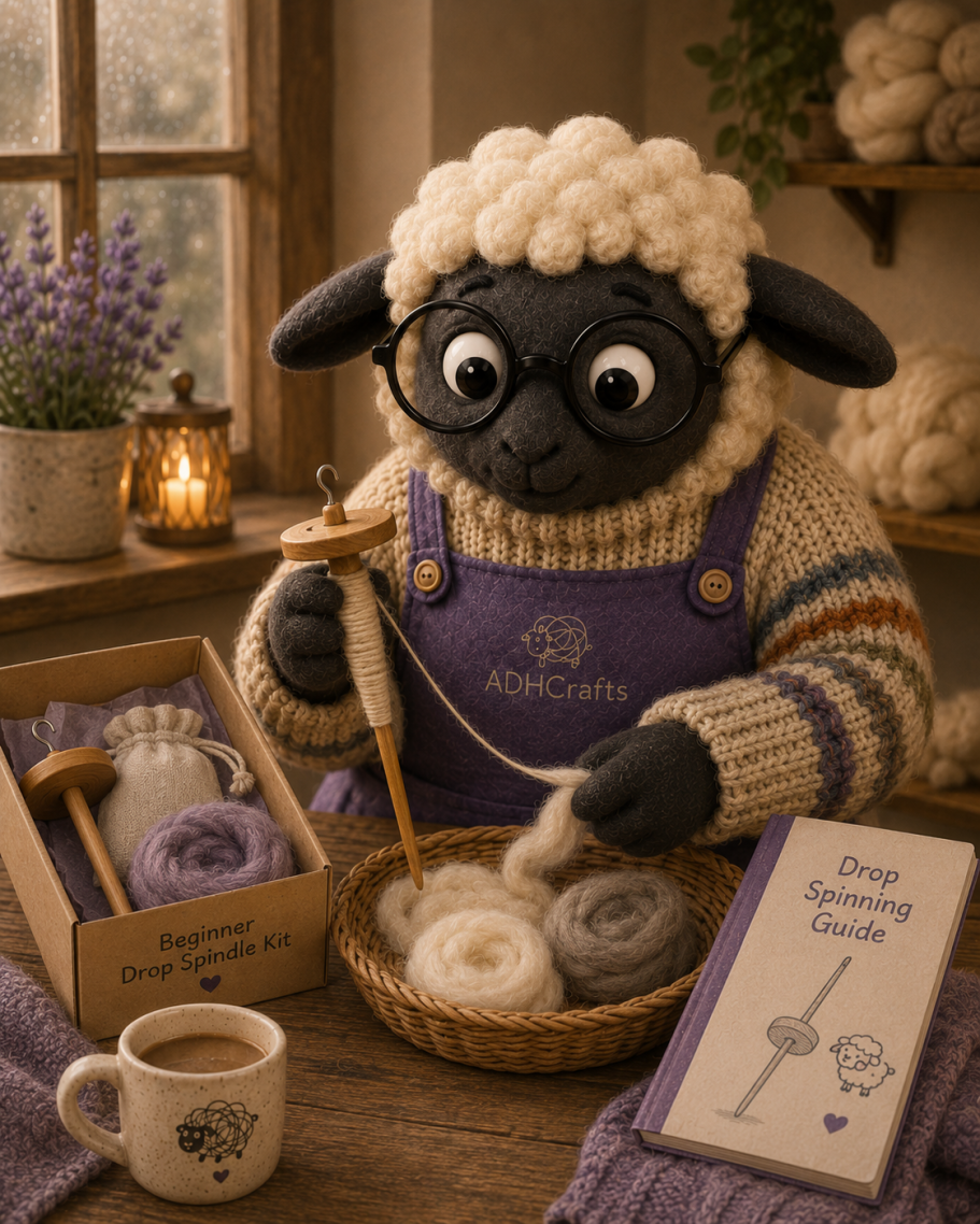 ADHCrafts drop spindle kit A sheep character in glasses knitting with yarn in a cozy, rustic setting.