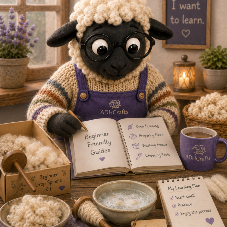 ADHCrafts guides A sheep character, wearing glasses, reads a crafting booklet beside yarn and a mug.