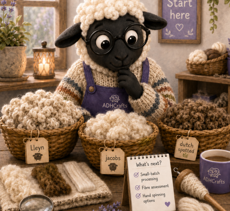 ADHCrafts explore A sheep in a sweater thinking, surrounded by baskets of yarn and a notepad.