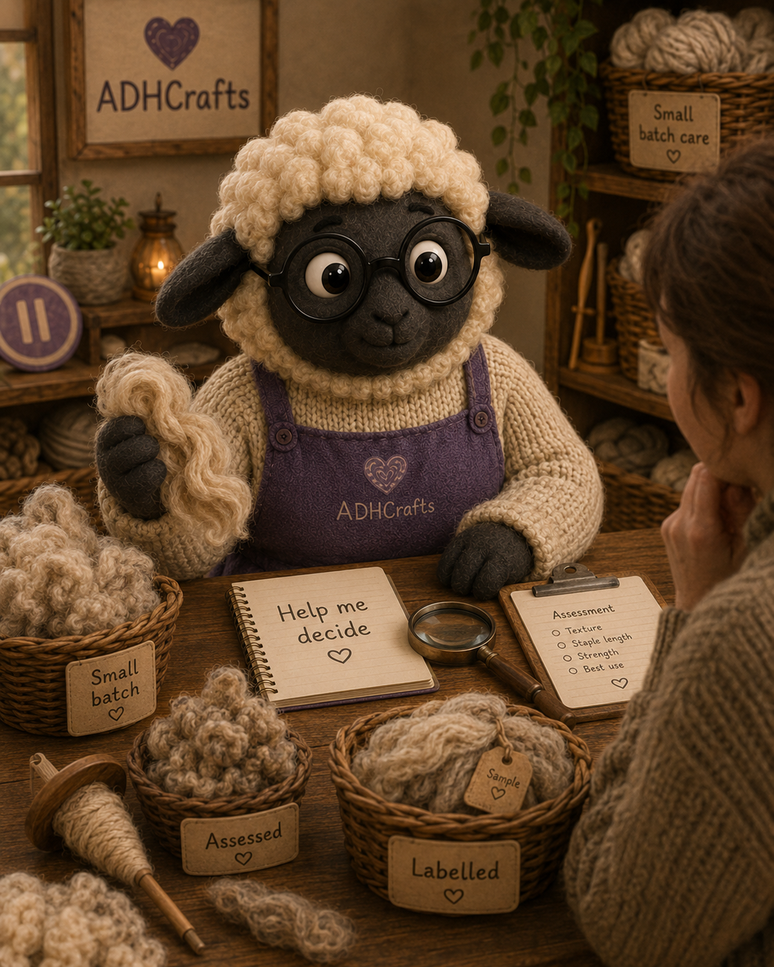 ADHCrafts why A friendly sheep character in glasses sits at a crafting counter, surrounded by wool and yarn.