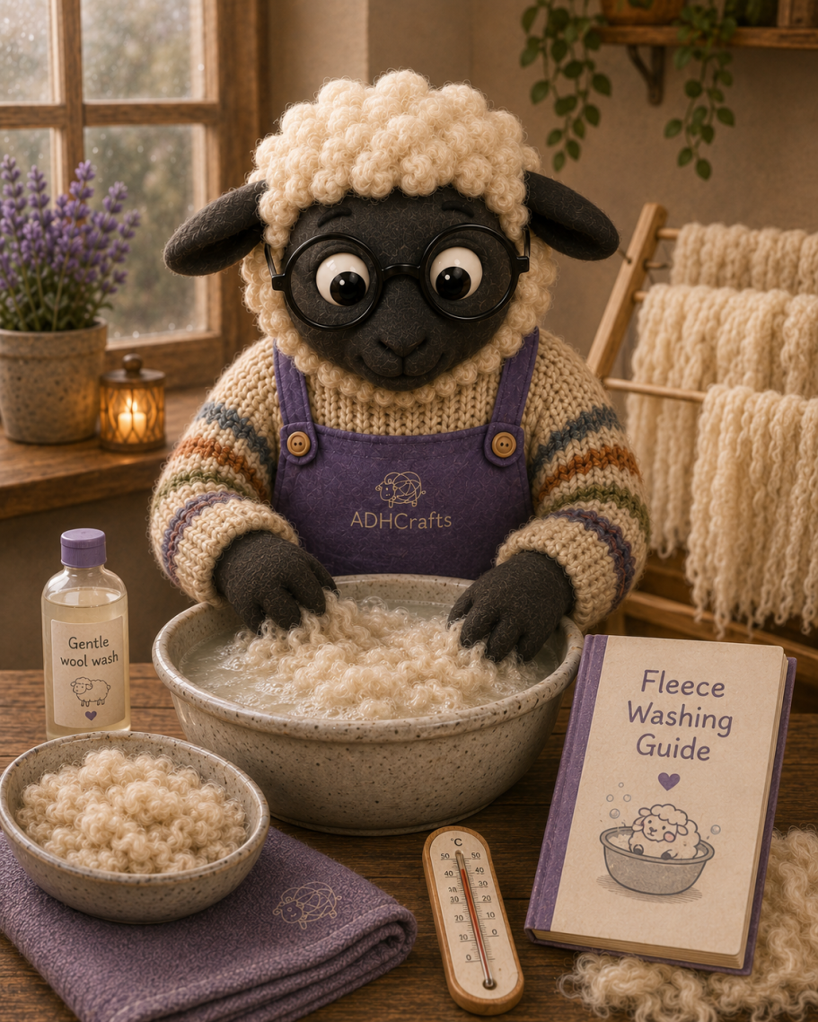 Fleece washing ADHCrafts A sheep character in a cozy setting, washing fleece in a bowl with a guidebook beside.